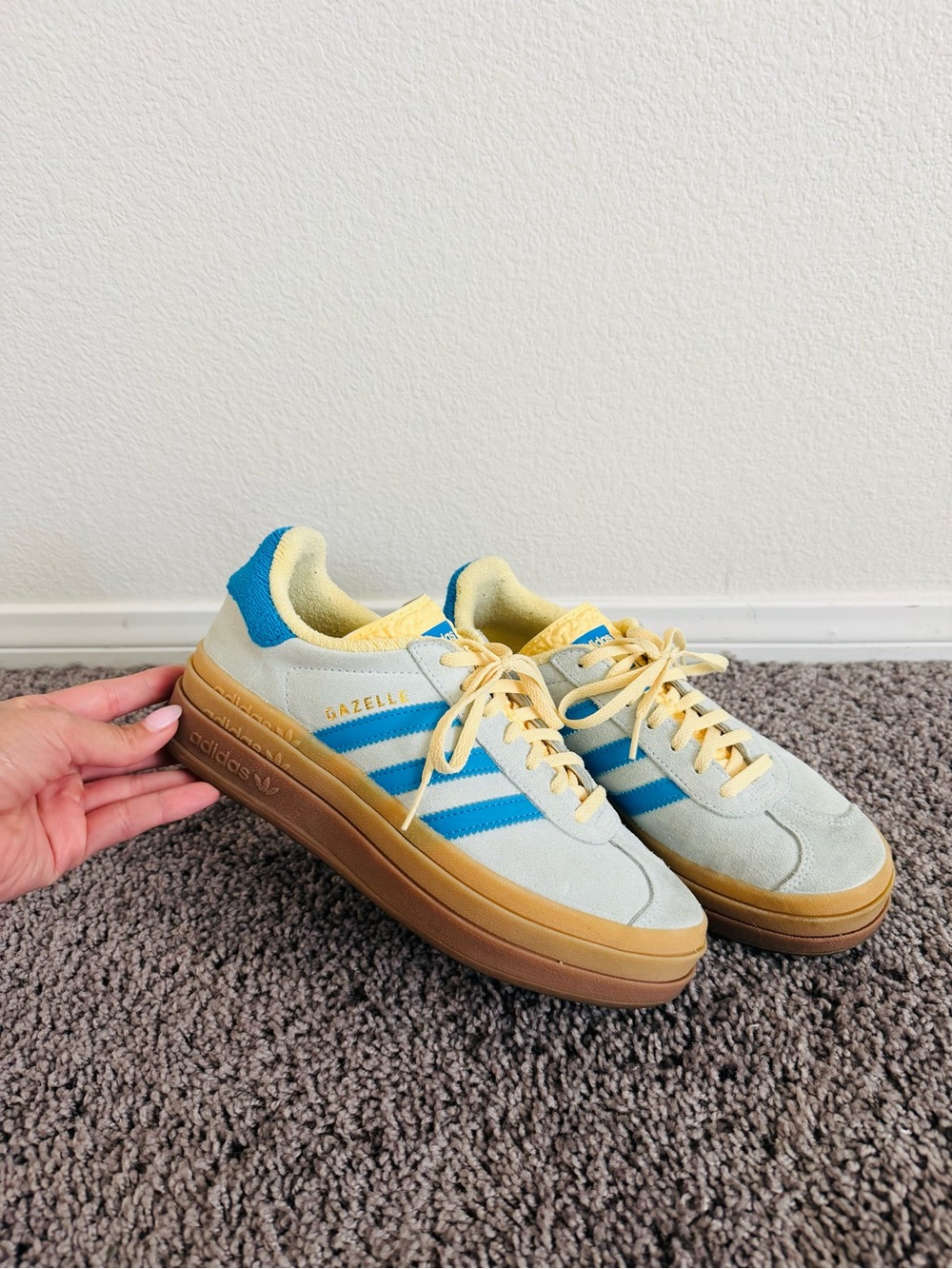 adidas Gazelle Women’s Suede Sneakers — Light Blue, Yellow & Blue Accents